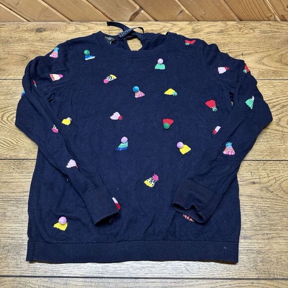 Talbots Navy Party Hat Pom Holiday Crewneck Shirt Women's Size Petite M Cashmere - Picture 1 of 6
